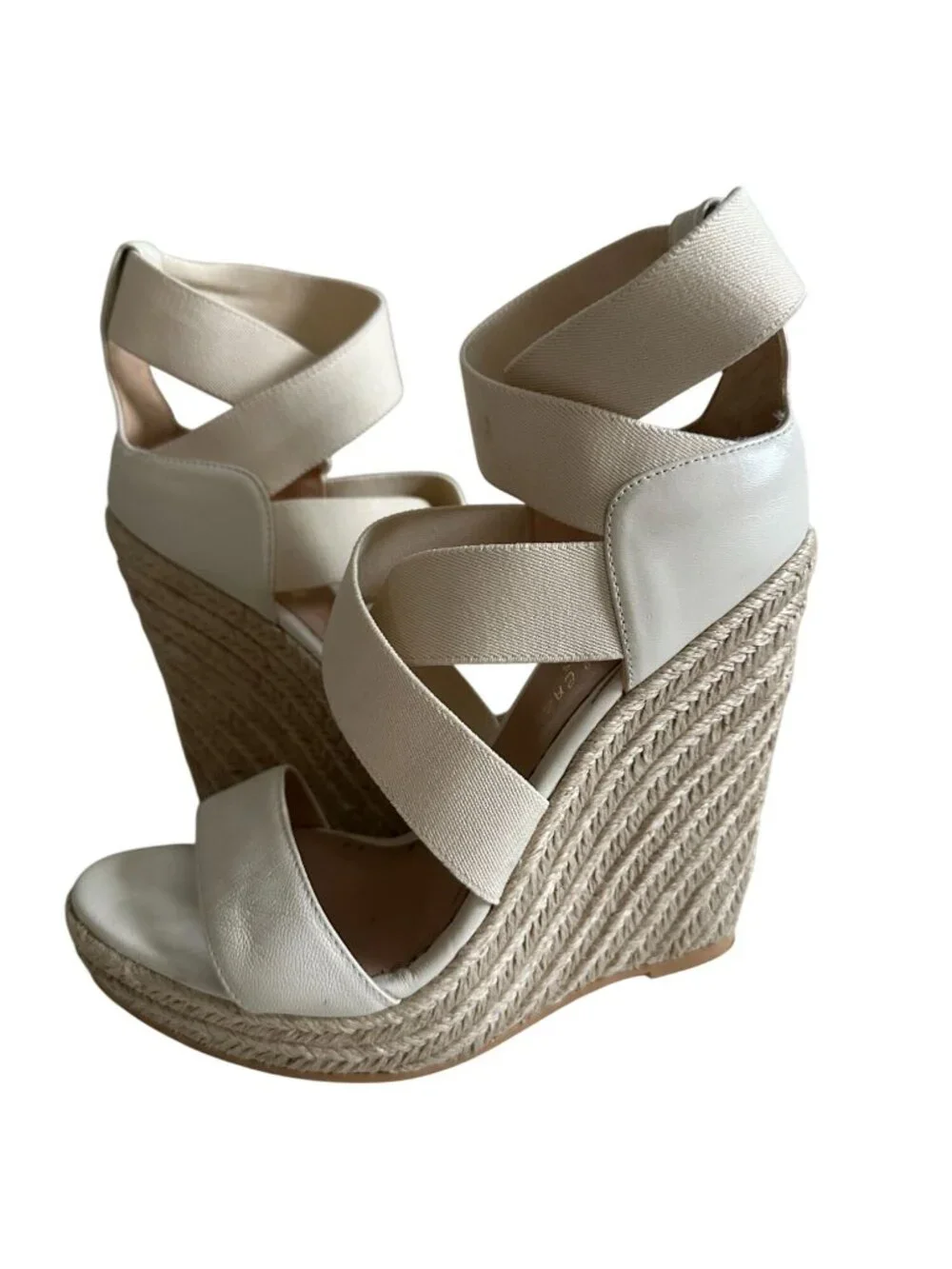 JEAN MICHEL CAZABAT Cream Leather Espadrille Wedges Sandals Size 37